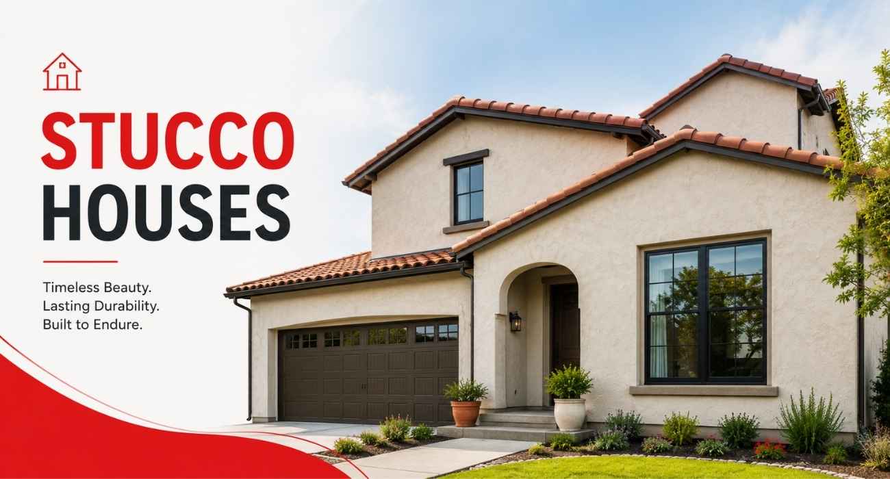 Modern stucco house exterior featuring a clean cream-colored façade, terracotta roof tiles, large windows, and a well-maintained front yard, designed as a featured image for a blog about stucco house construction and durability.