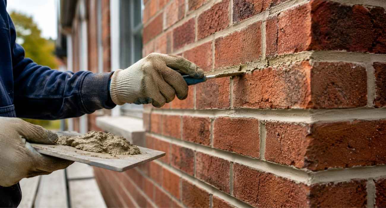 Professional tuckpointing repair on an exterior brick wall with fresh mortar joints being applied by a masonry worker.