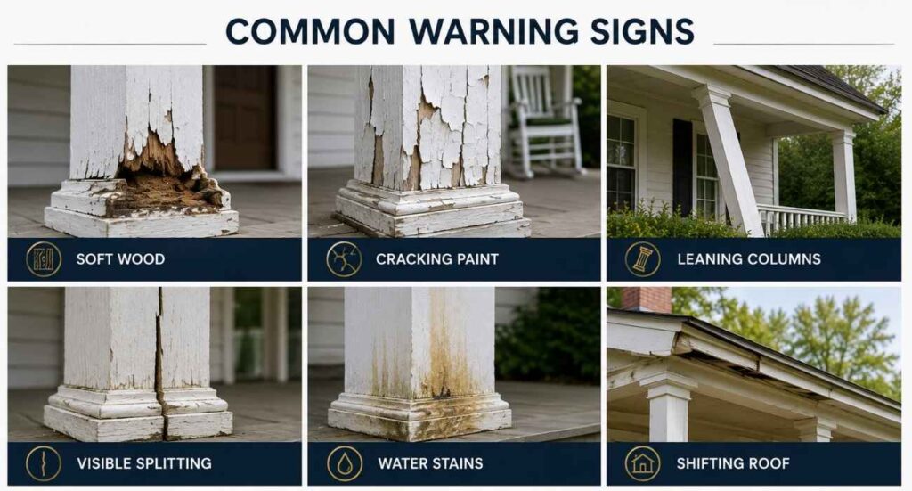 | Modern Front Porch Columns That Instantly Upgrade Curb Appeal Common warning signs of damaged front porch columns including soft wood, cracking paint, leaning columns, visible splitting, water stains, and shifting porch roofs.