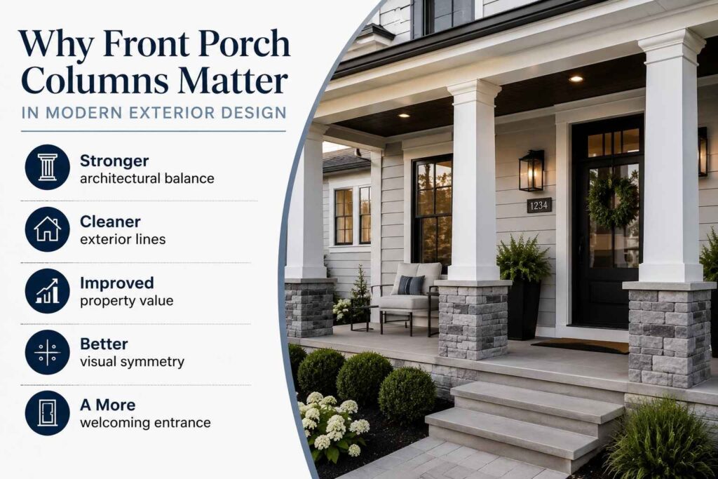| Modern Front Porch Columns That Instantly Upgrade Curb Appeal Modern front porch columns creating cleaner exterior lines, better symmetry, and improved curb appeal on a luxury home exterior.