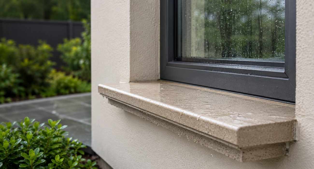 window sill Close-up of a well-finished window sill showcasing clean installation, smooth surface detailing, and durable construction for modern interior or exterior architectural design.