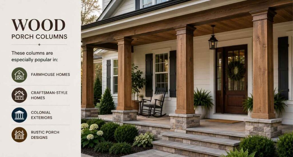 | Modern Front Porch Columns That Instantly Upgrade Curb Appeal Wood porch columns for farmhouse, craftsman-style, colonial, and rustic front porch home designs.