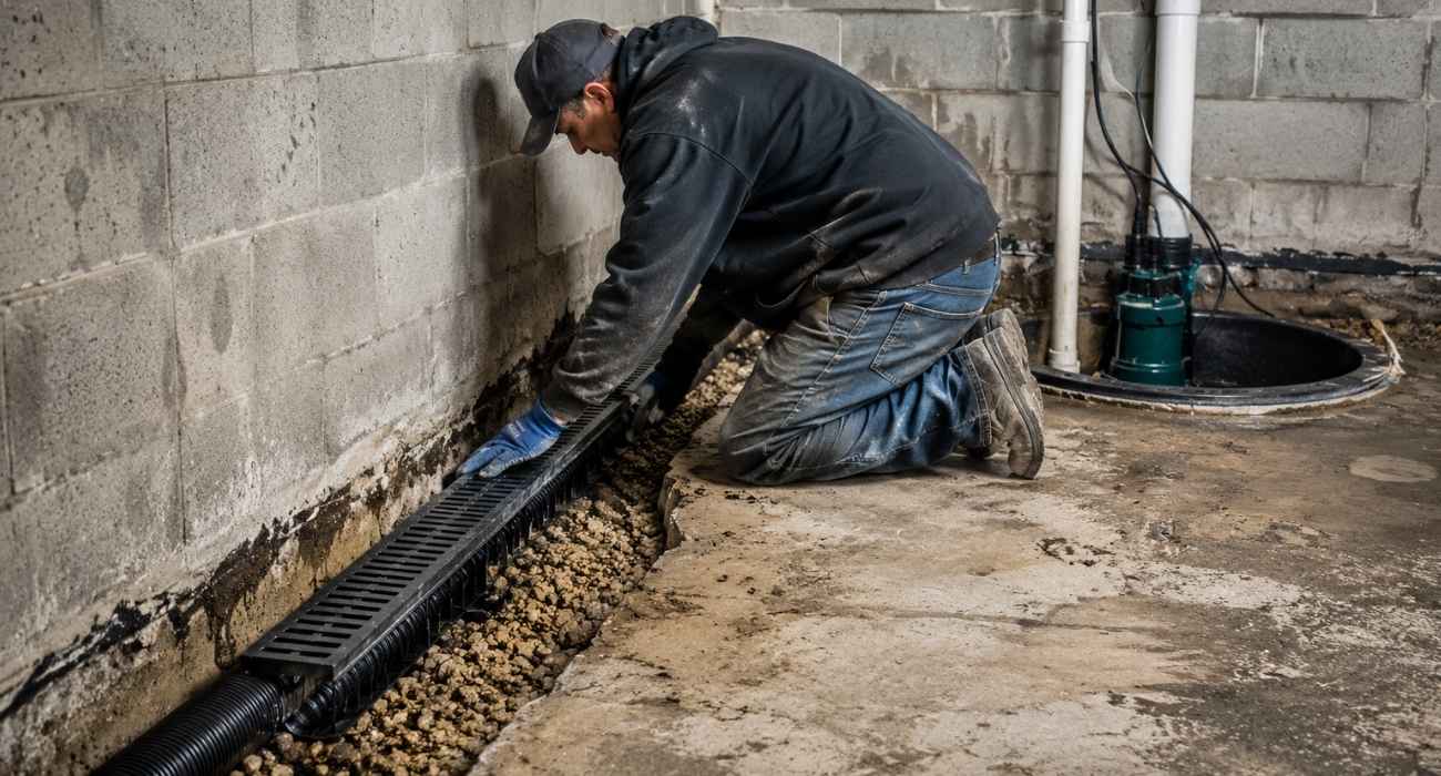 Professional basement drainage system installation with interior drain channel, gravel trench, and sump pump in a residential basement.