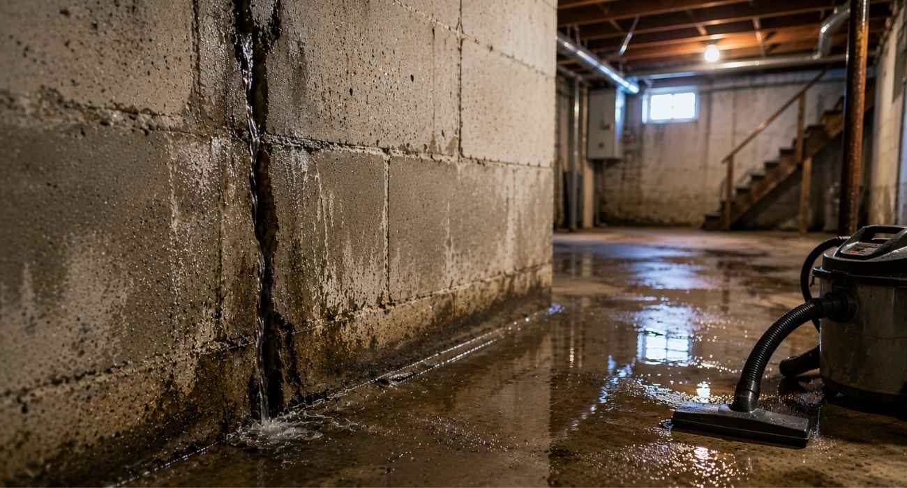 Basement Leak Repair showing water entering through a cracked foundation wall in a damp basement with standing water on the floor