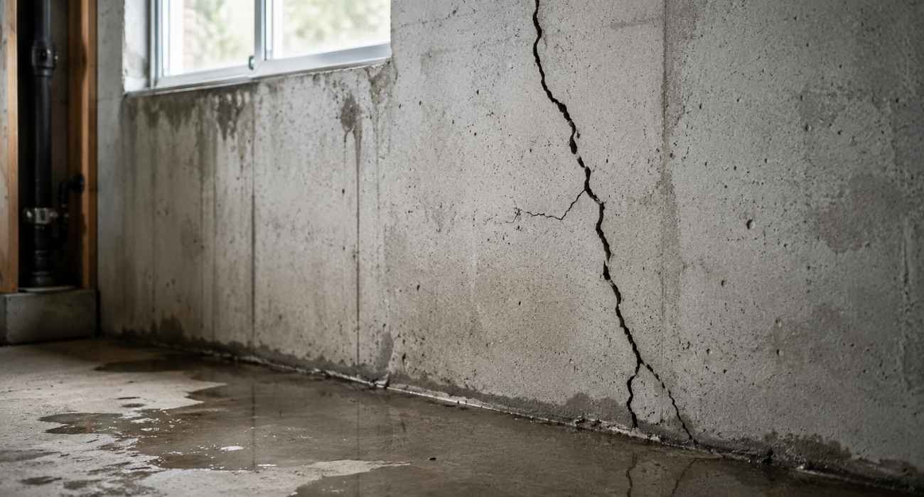 Basement wall repair showing a cracked concrete foundation wall with moisture damage and water seepage inside a residential basement.