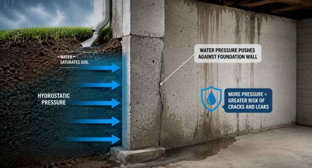 Basement wall repair diagram showing hydrostatic pressure pushing against a concrete foundation wall and causing cracks.