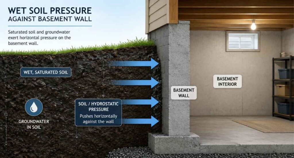 Soil pressure causing a bowing basement wall