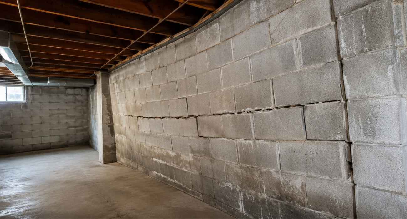 Bowing basement wall showing horizontal foundation cracks and inward movement