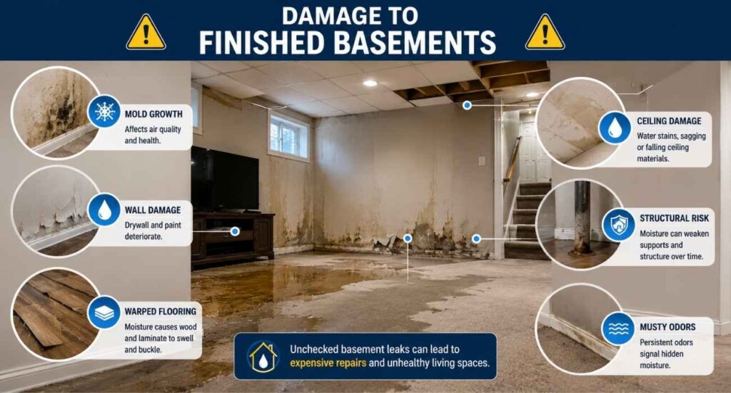 Finished basement damaged by water leak with mold, warped flooring, peeling walls, and moisture damage