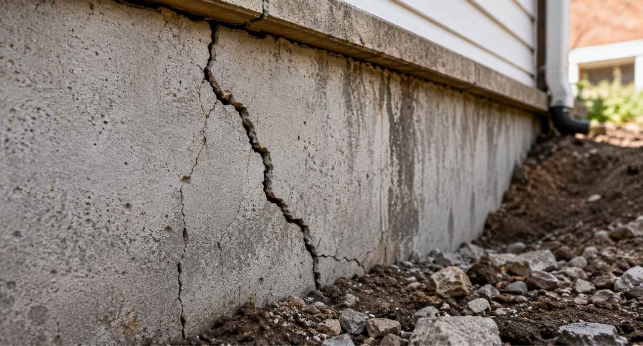 Foundation cracks in NYC basement wall showing structural damage caused by soil pressure and moisture, highlighting foundation crack repair issues in residential construction.