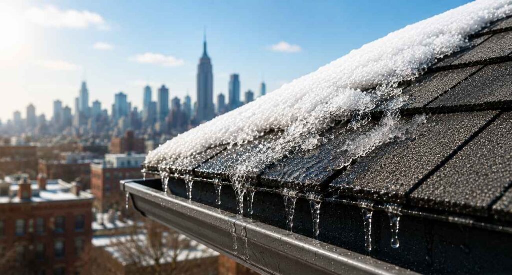 | Roof Inspection Checklist for NYC Property Owners Freeze-thaw cycle damage on a NYC roof showing melting snow, ice buildup, and moisture affecting asphalt shingles during winter weather conditions.