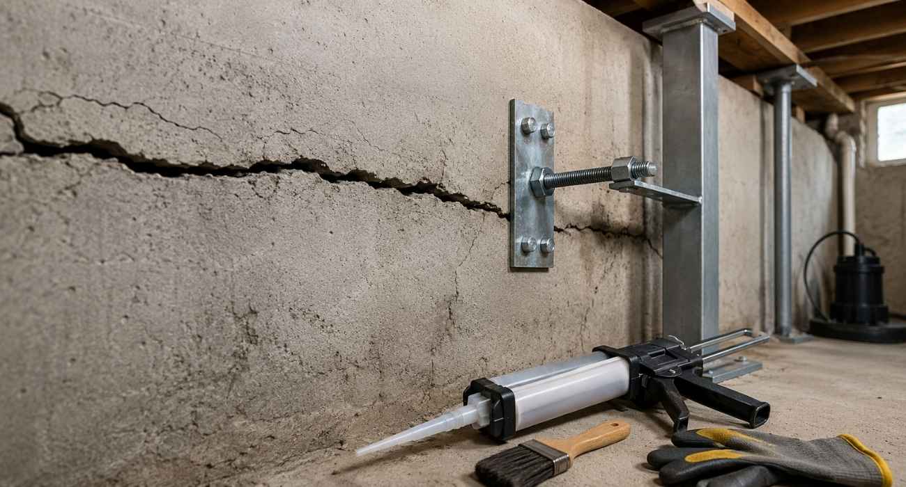 Horizontal foundation crack repair with wall anchor system reinforcing a cracked concrete basement foundation wall.