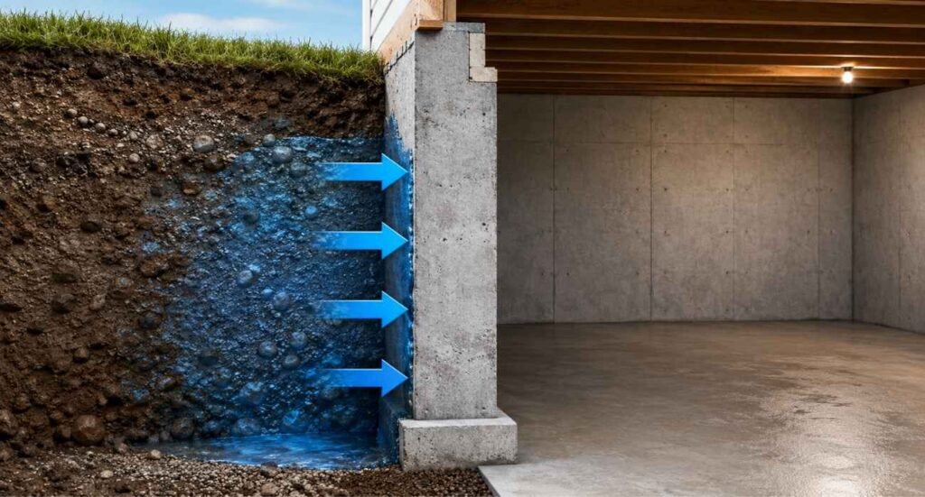 Hydrostatic pressure pushing against basement foundation wall
