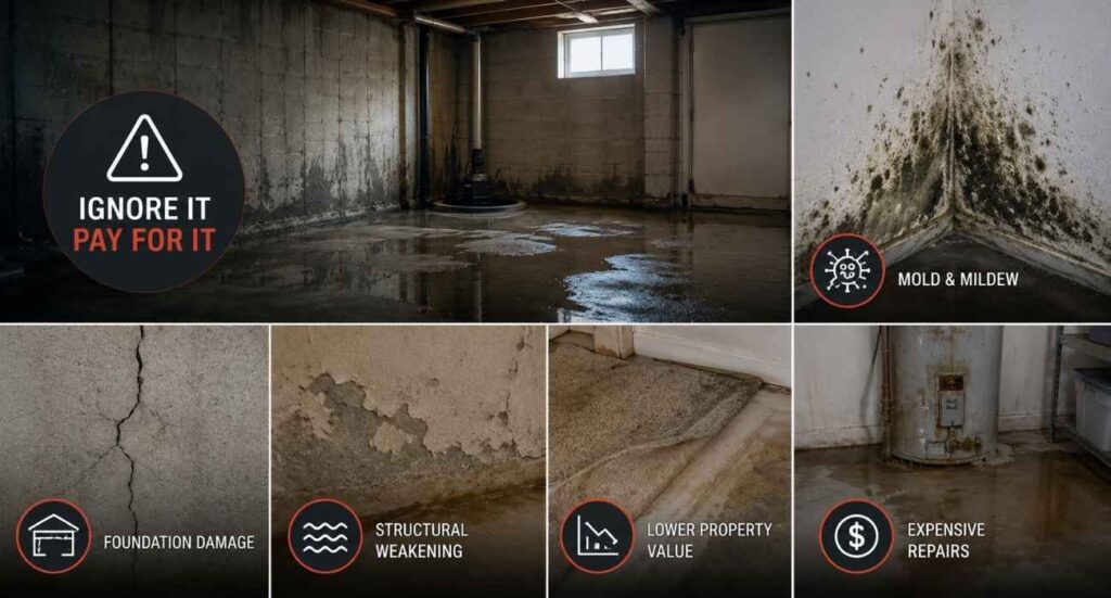 Wet basement causing mold growth, foundation cracks, structural damage, and costly home repairs due to prolonged moisture exposure.