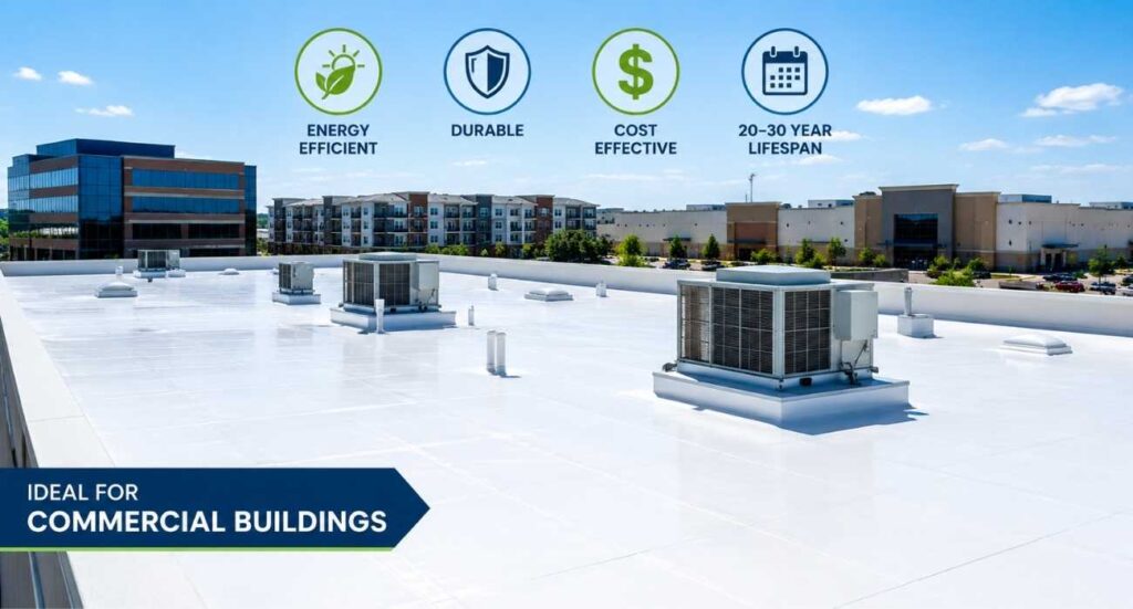 TPO roofing system on a commercial flat roof showing energy-efficient white membrane, HVAC equipment, and modern building applications.