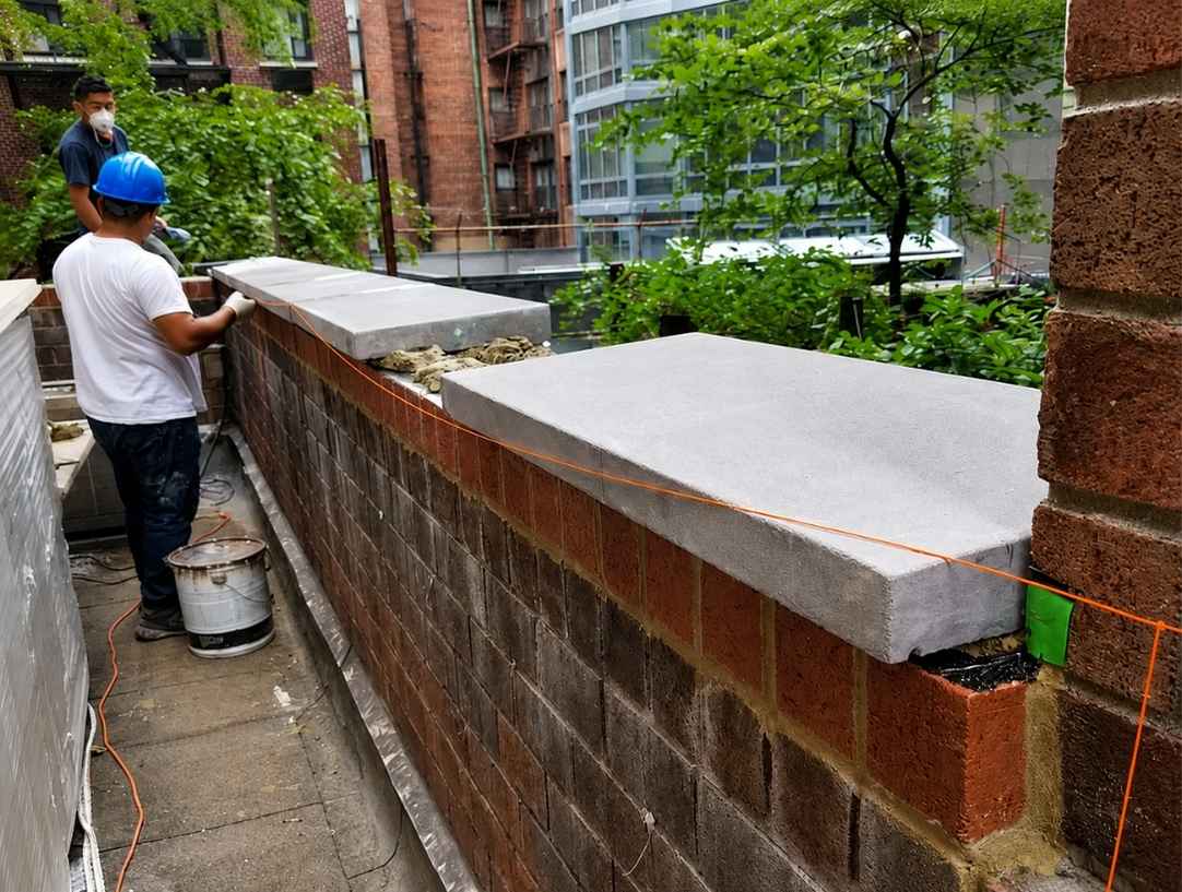 Professional masonry contractors installing concrete caps on a brick parapet wall during a masonry restoration and repair project.