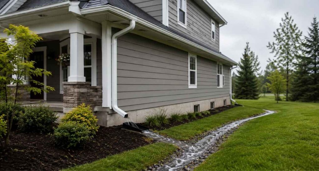 Proper gutter drainage directing water away from the foundation to help prevent a bowing basement wall