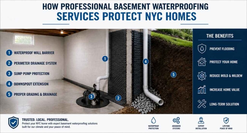 Professional basement waterproofing services showing foundation waterproofing, sump pump installation, drainage systems, and moisture protection for NYC homes.