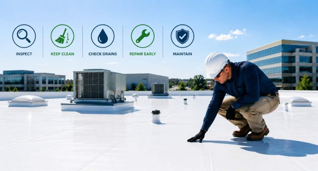 TPO roof maintenance tips showing a technician inspecting a white commercial TPO roof with HVAC units to improve roof lifespan and prevent leaks.