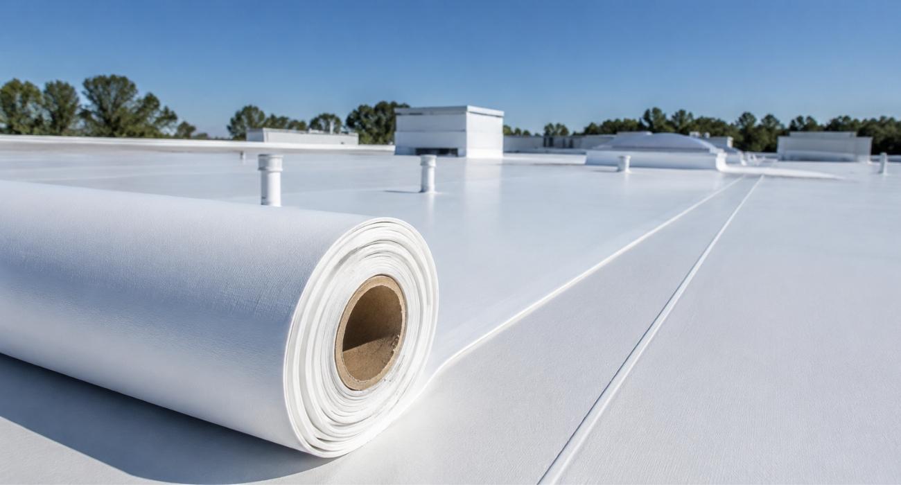 TPO Roofing installation scene showing a modern flat roof system with a clean white membrane surface, representing durable, energy-efficient TPO Roofing used in commercial building construction and roofing projects.