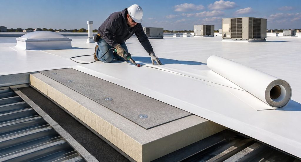 TPO roofing system showing the membrane, insulation, cover board, and roof deck layers on a commercial building