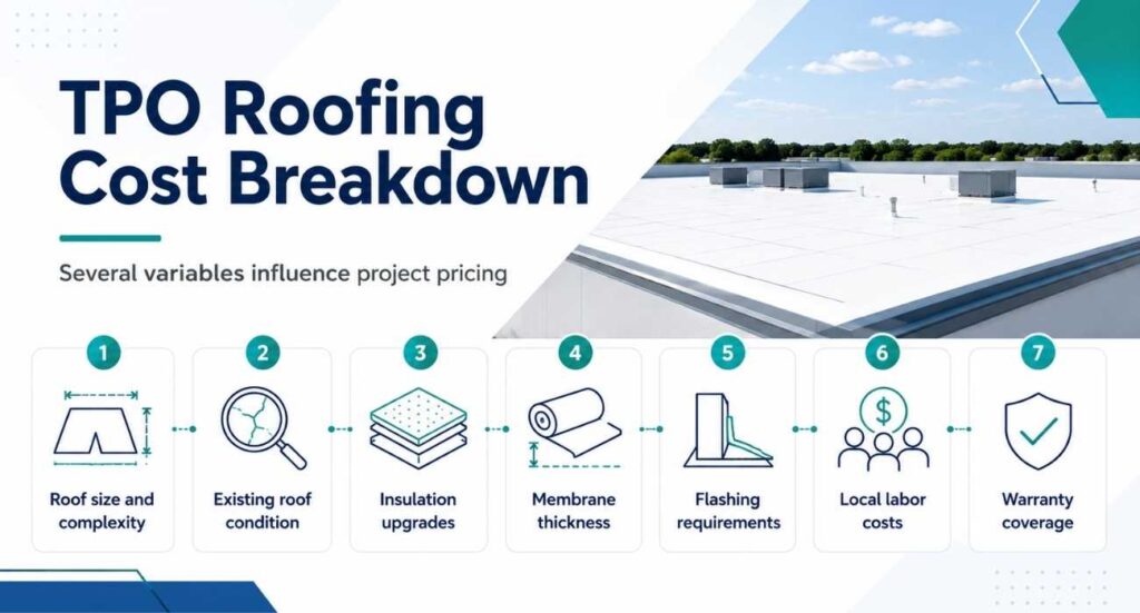 TPO Roofing Cost Breakdown infographic showing key pricing factors including roof size, existing roof condition, insulation upgrades, membrane thickness, flashing requirements, local labor costs, and warranty coverage.
