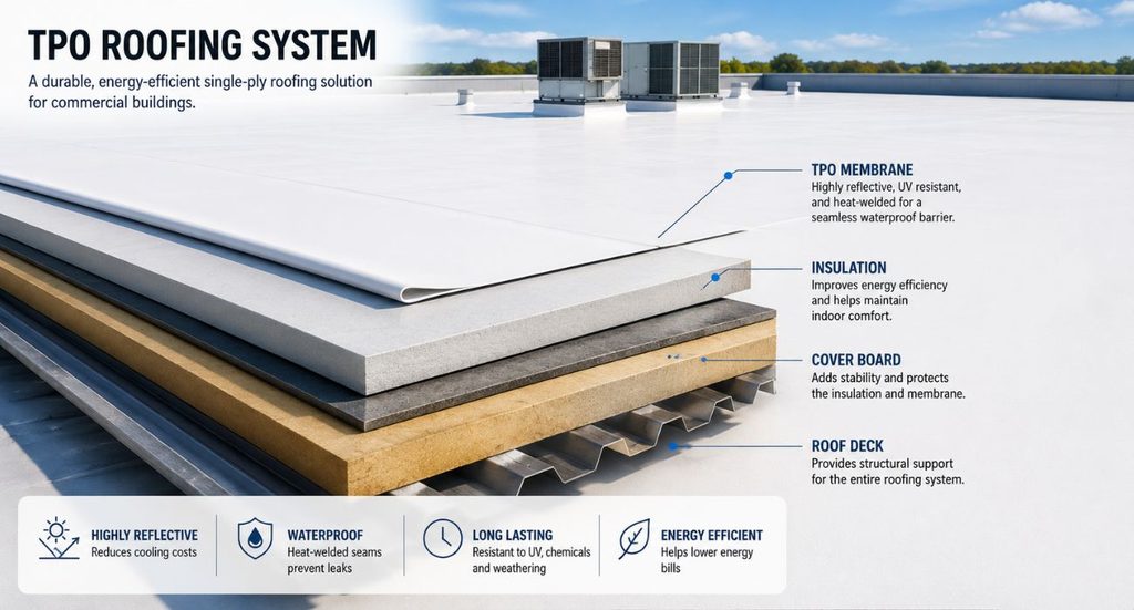TPO roofing system with membrane, insulation, cover board, and roof deck