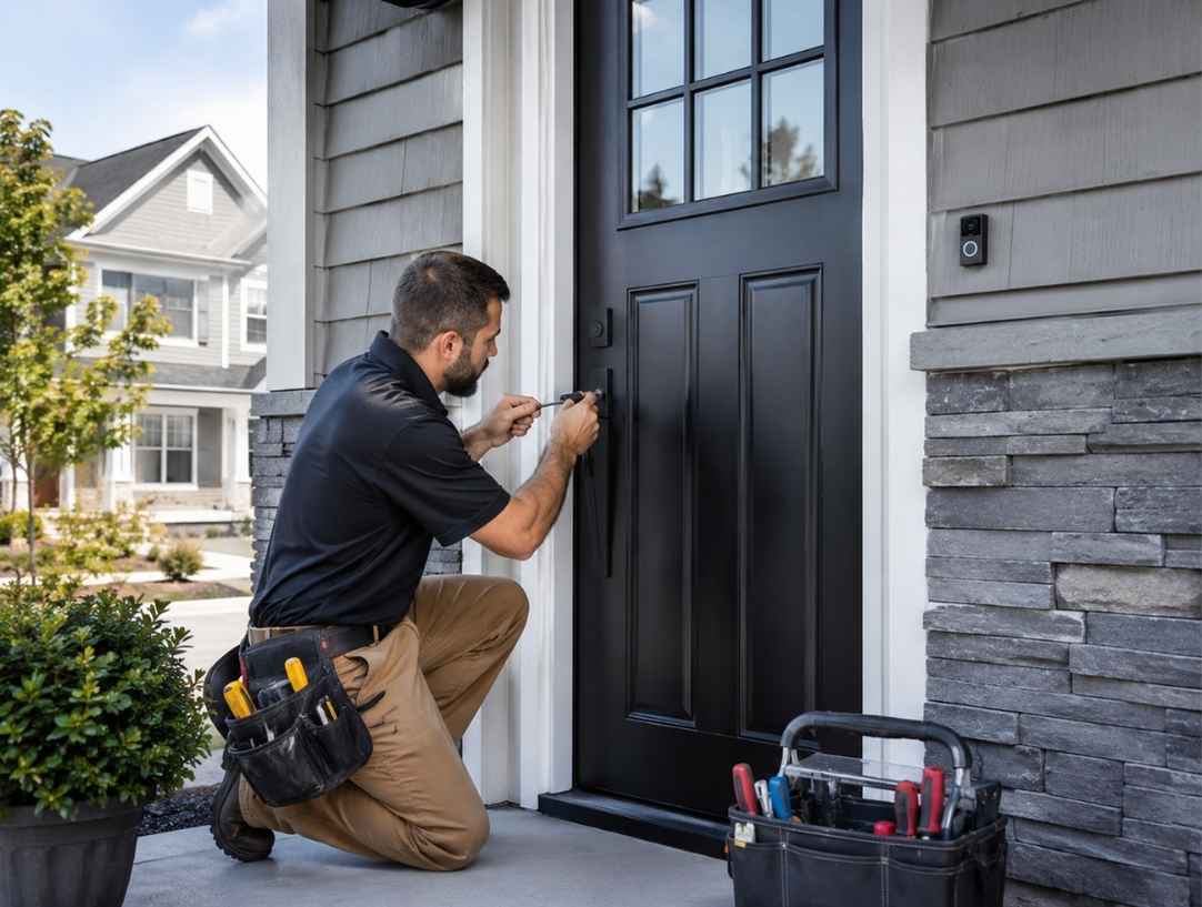 Professional door contractor installing and adjusting a residential front entry door during a door replacement project.
