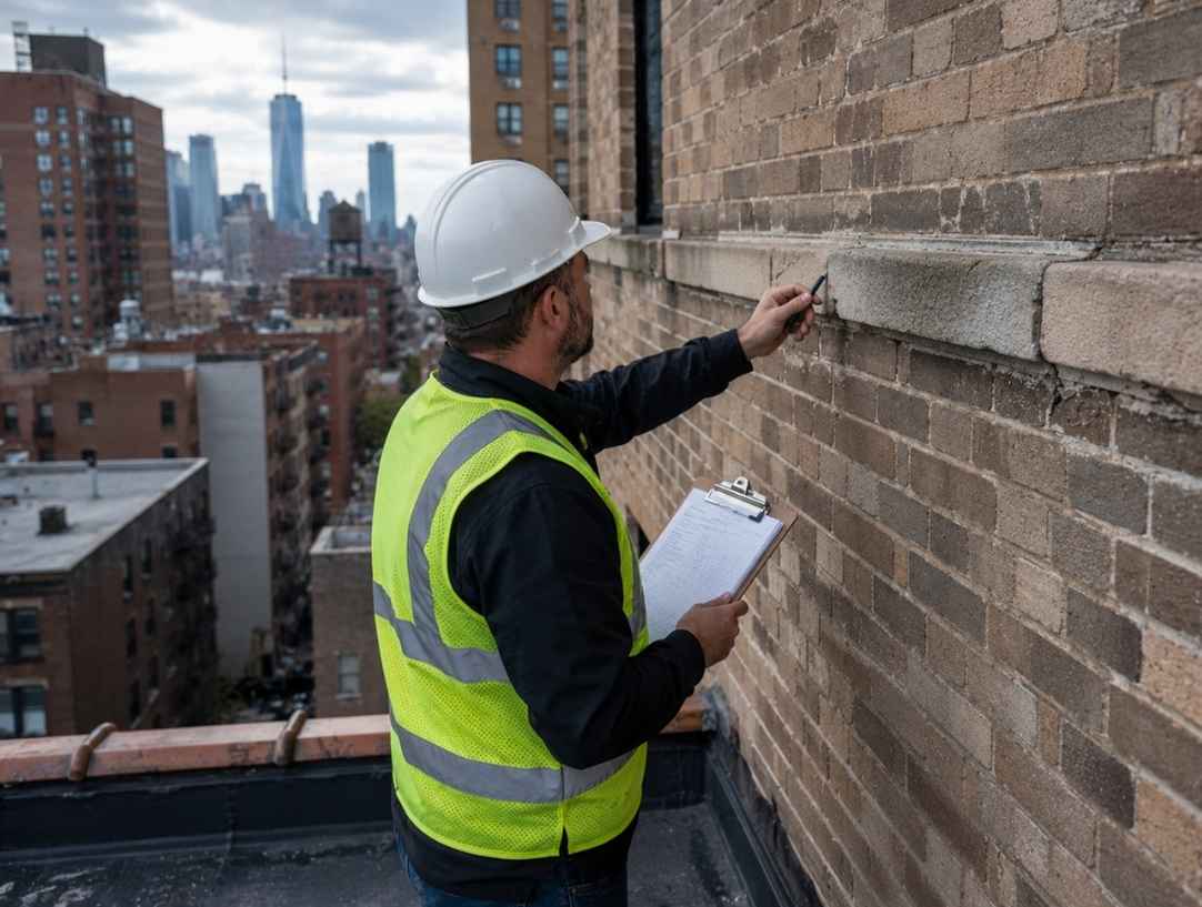 OSHA-certified inspector examining a brick facade during an LL11 building inspection in NYC.