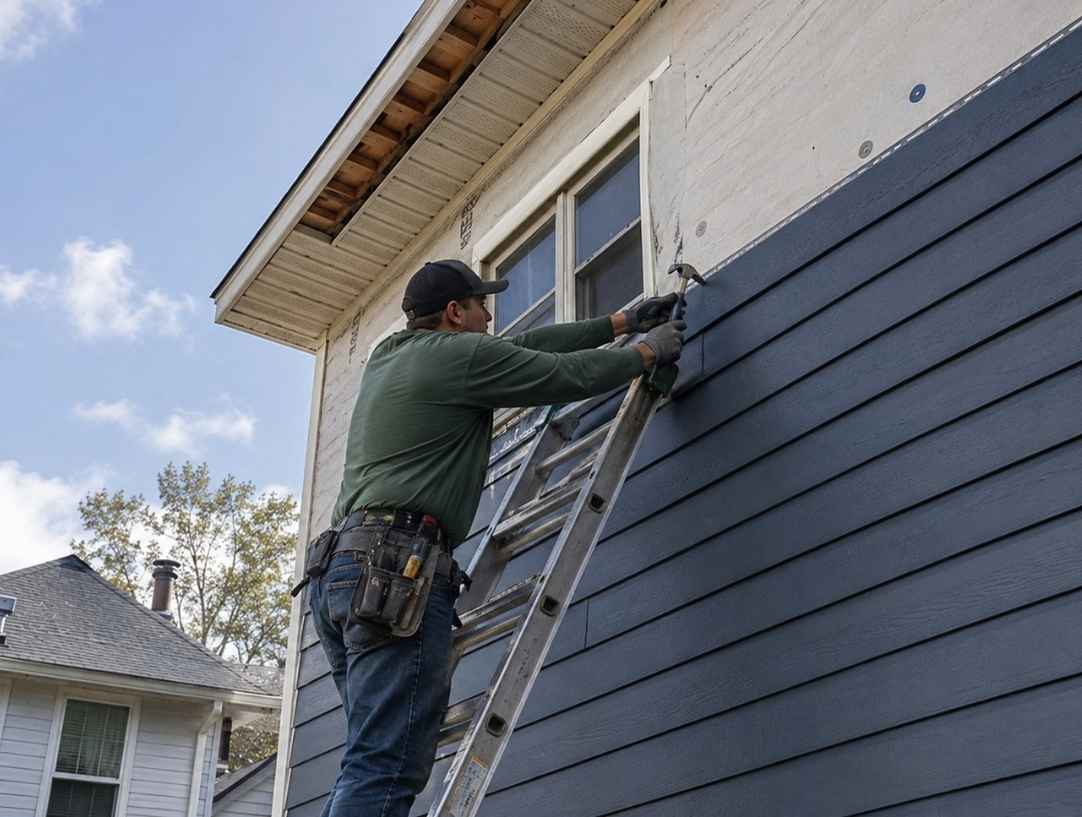 Experienced siding contractor installing durable exterior siding to improve curb appeal and weather protection for a residential home.