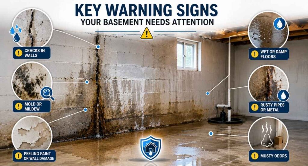 Basement Leak Repair warning signs showing mold, water stains, cracks, damp walls, and standing water