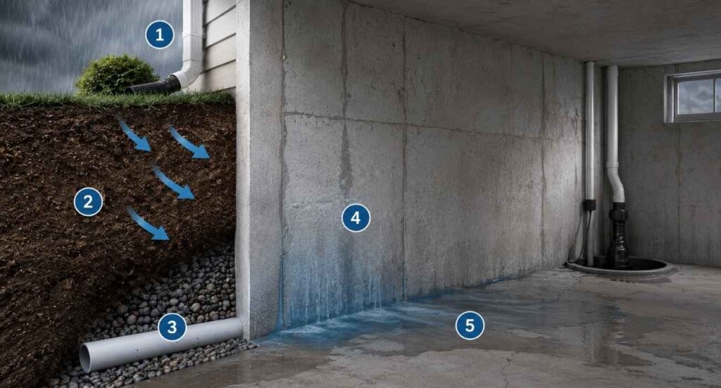 Diagram explaining why water enters a basement and how hydrostatic pressure can lead to leaks, seepage, and foundation moisture problems.