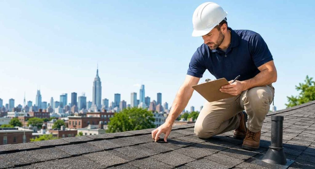 | Roof Inspection Checklist for NYC Property Owners Professional roof inspection in NYC showing a roofing contractor examining asphalt shingles and assessing roof condition on a residential property.