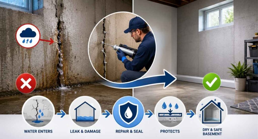 Basement Leak Repair process showing leaking foundation wall, crack repair, and moisture protection