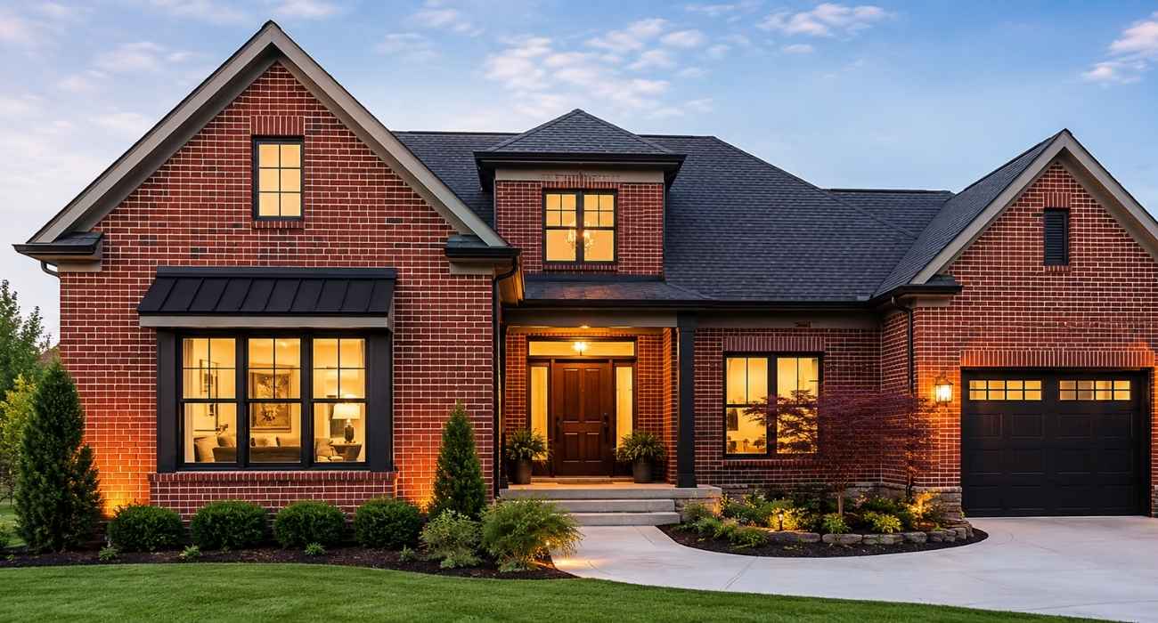 Modern home with a professionally installed brick veneer exterior.