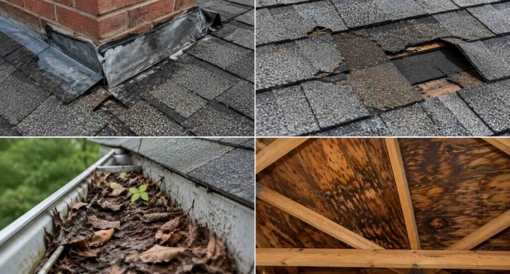 Common roofing issues discovered during professional roof inspection services, including damaged chimney flashing, missing asphalt shingles, clogged gutters, and water-stained roof decking.