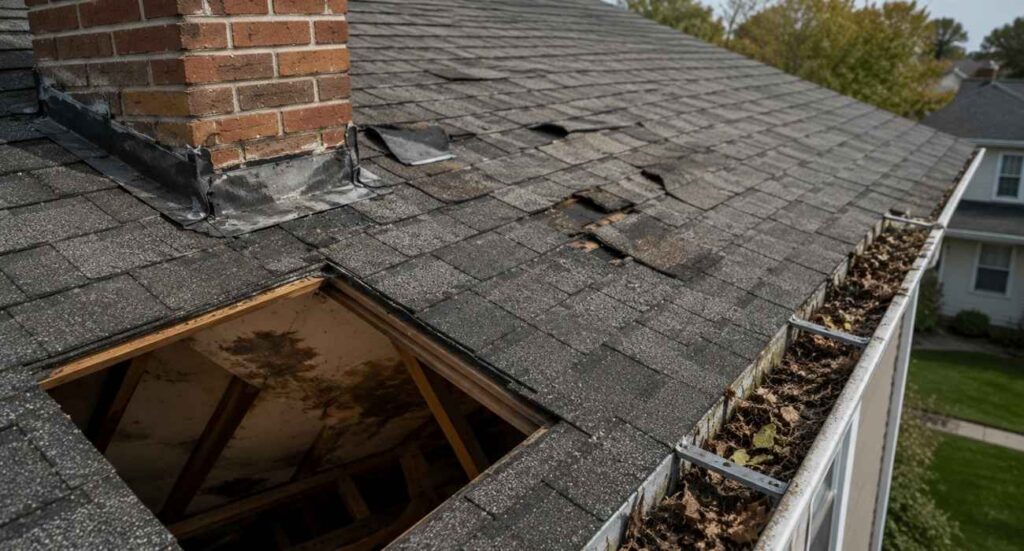 Professional roof inspection services identifying damaged flashing, missing shingles, clogged gutters, and water-damaged roof decking on a residential asphalt roof.