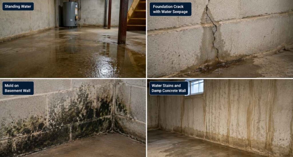 Common signs that indicate a home needs a sump pump, including standing water, foundation seepage, mold growth, and basement moisture.