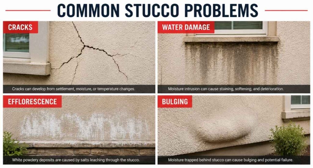 Common stucco problems including cracks, water damage, efflorescence, and bulging that require professional stucco repair.