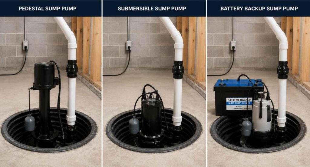Comparison of pedestal, submersible, and battery backup sump pumps to help homeowners understand sump pump installation cost and choose the right system.