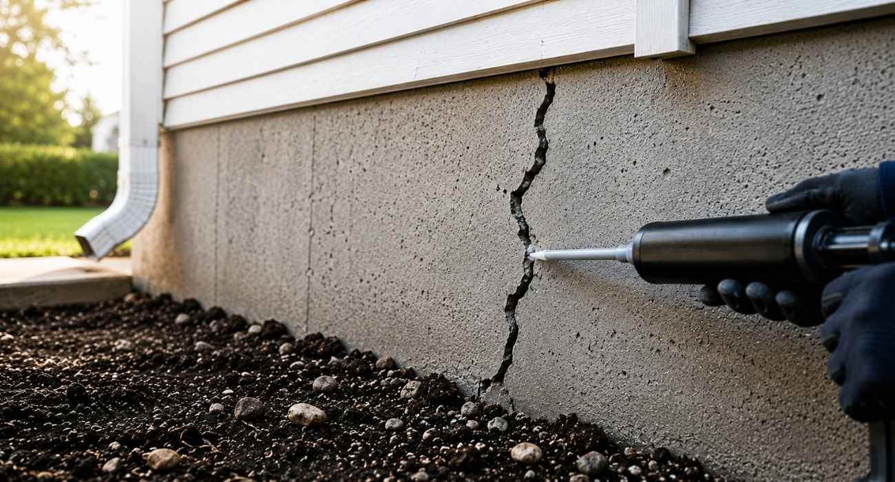 **Alt Text:** **Professional foundation crack repair services repairing a vertical concrete foundation crack with epoxy injection to restore structural stability and prevent water intrusion in a residential home.**