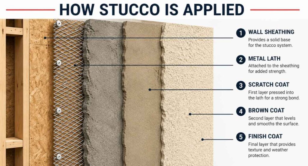 Cross-section showing how stucco installation is applied, including wall sheathing, metal lath, scratch coat, brown coat, and finish coat.