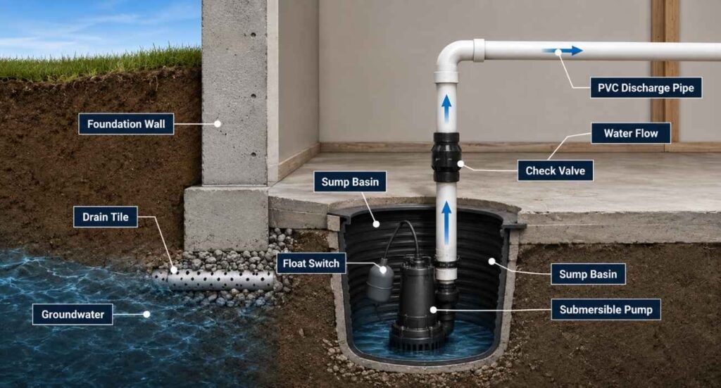 Labeled diagram showing how a sump pump system collects groundwater and pumps it away from a home's foundation.