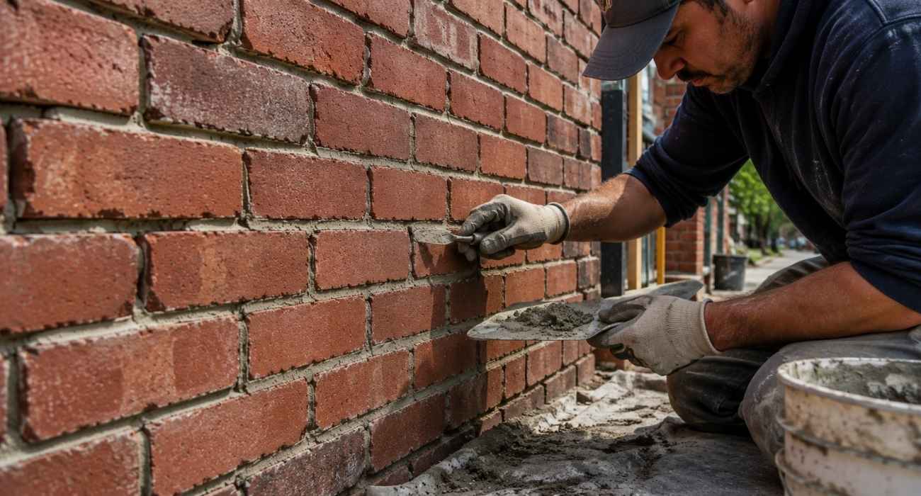 Professional masonry repair contractor replacing damaged bricks and repairing mortar joints on a brick wall during exterior masonry repair in NYC.