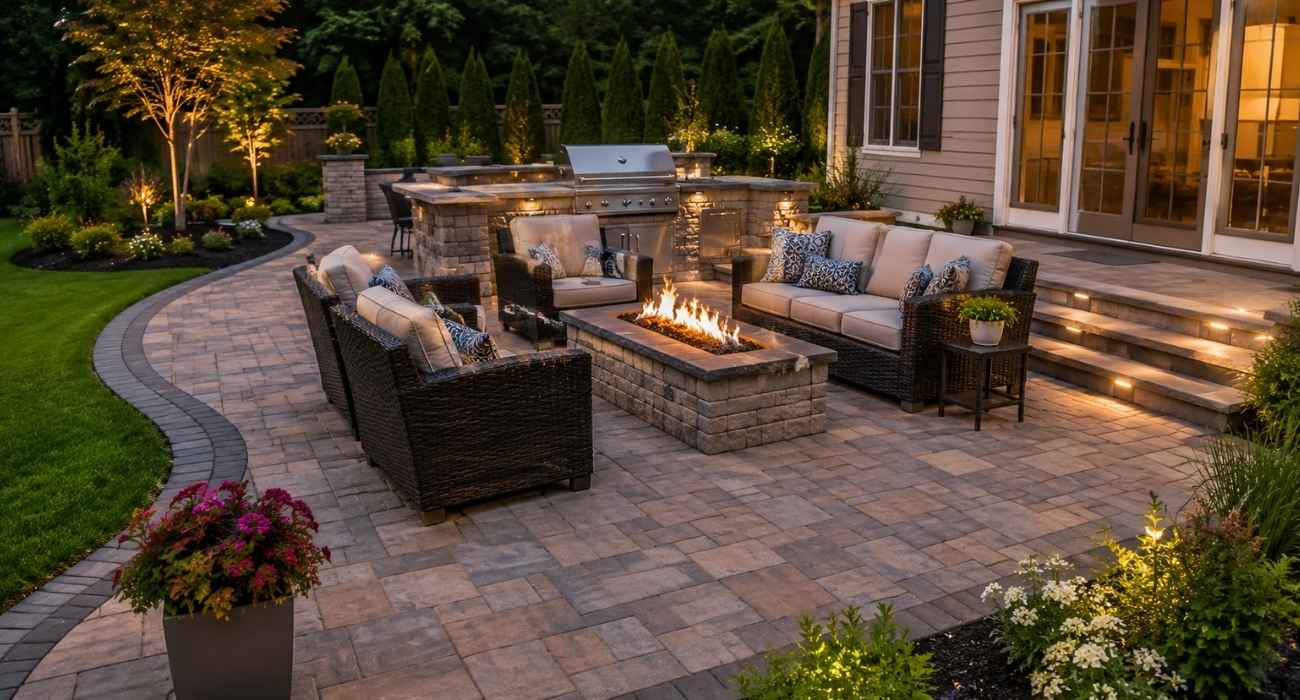 Patio Construction featuring a modern paver patio with outdoor seating, fire pit, and built-in kitchen designed for a stylish backyard living space.