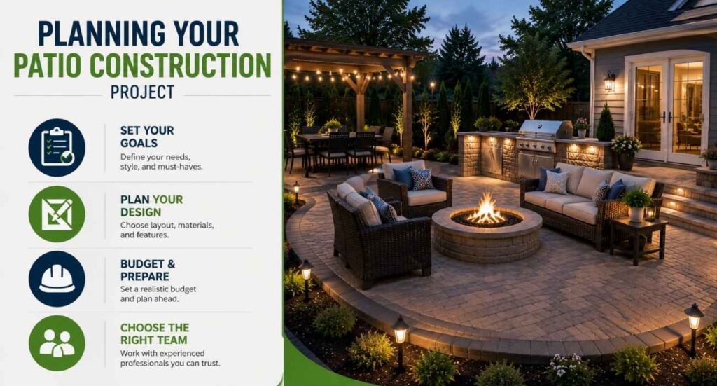 Planning your patio construction project with a modern paver patio design, budget planning, material selection, and outdoor living space layout.