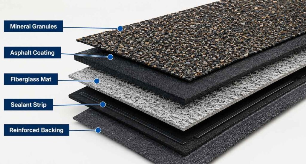 Labeled diagram of a composition roof shingle showing the mineral granules, asphalt coating, fiberglass mat, sealant strip, and reinforced backing layers.