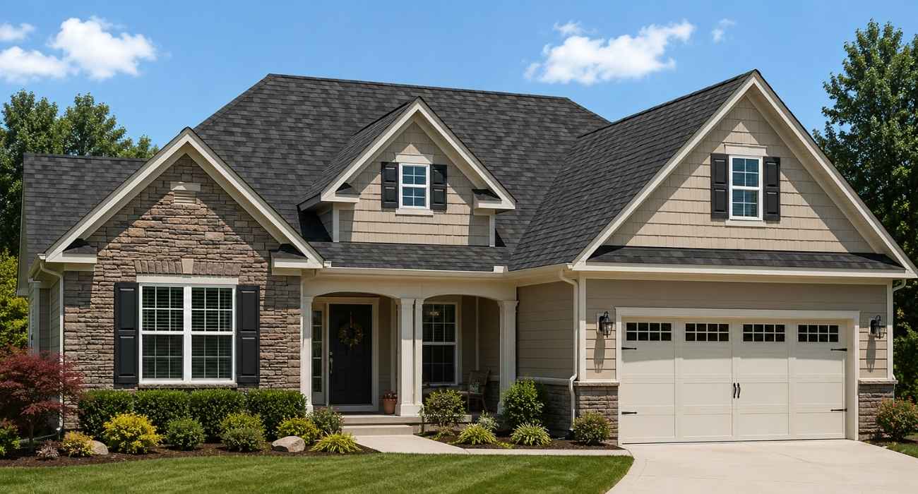 Modern suburban home featuring a new roof composition with architectural shingles showcasing durable, dimensional texture in daylight.