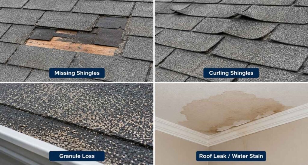 Common signs of roof damage including missing shingles, curling shingles, granule loss, and water leaks.