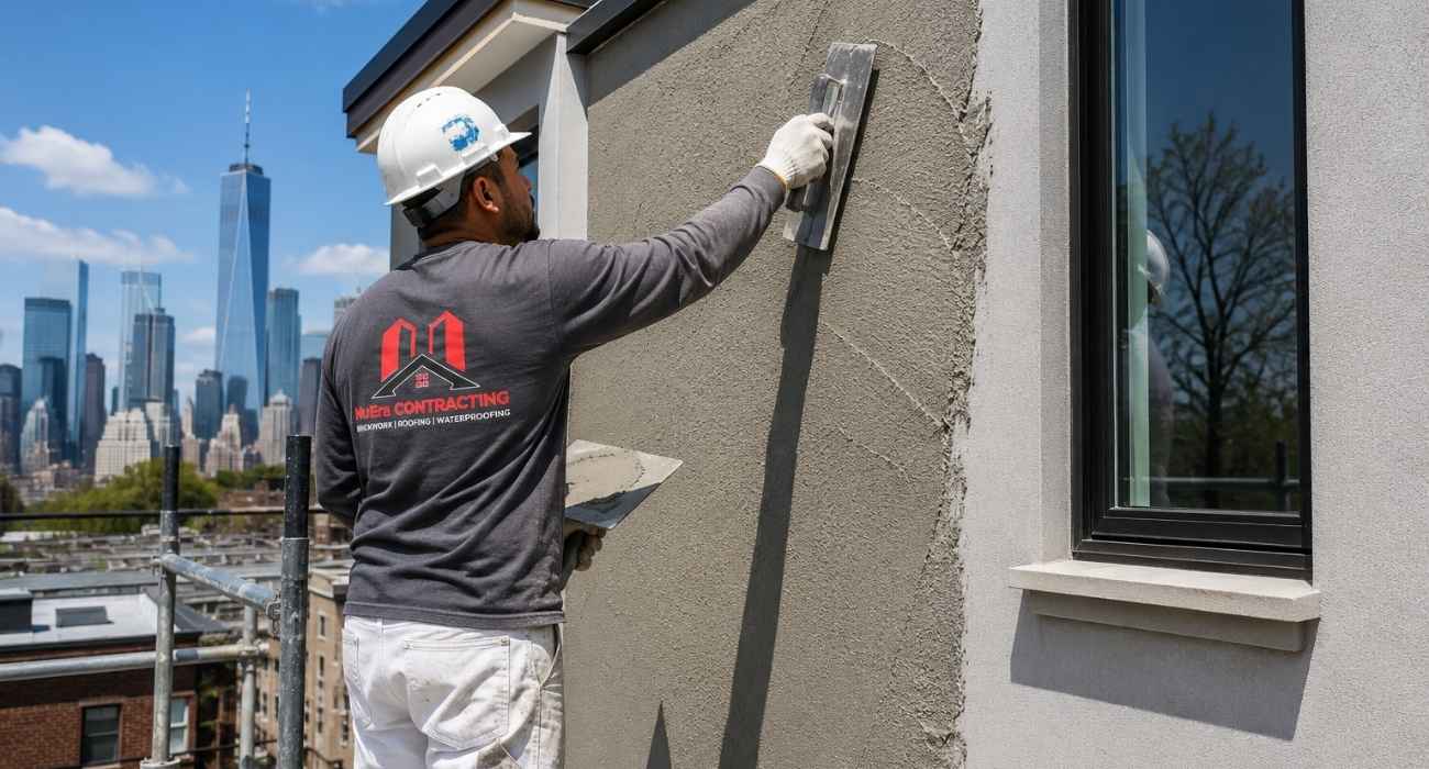 Professional stucco contractors near me applying stucco to a modern NYC home during a high-quality exterior stucco installation project.